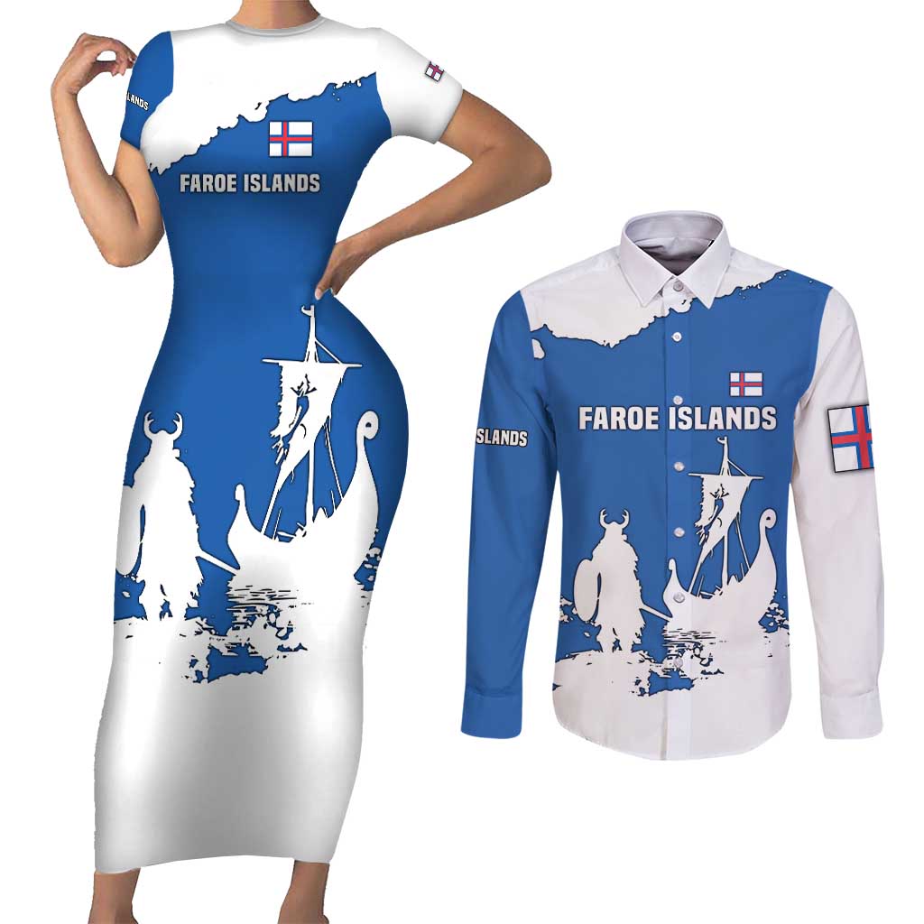 Faroe Islands Couples Matching Short Sleeve Bodycon Dress and Long Sleeve Button Shirt with Viking Ship and Map Silhouette - Wonder Print Shop