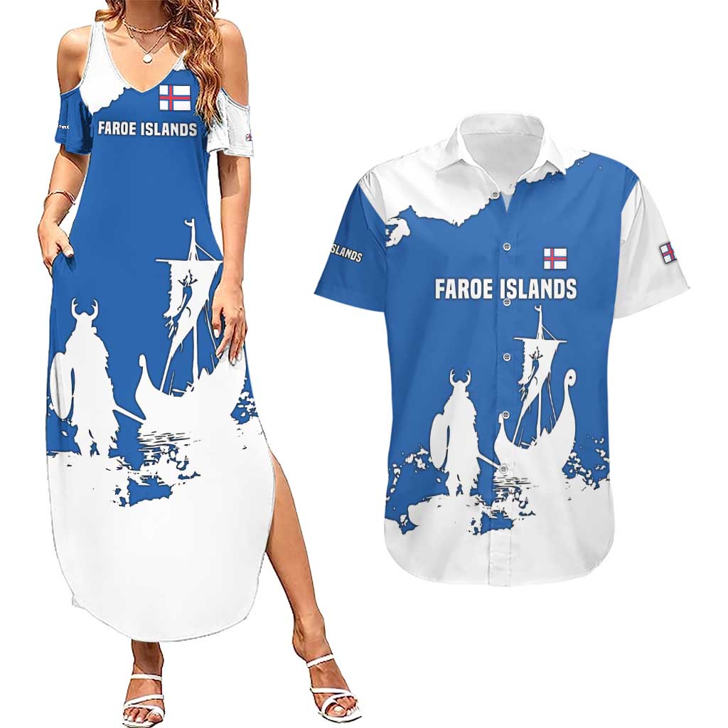 Faroe Islands Couples Matching Summer Maxi Dress and Hawaiian Shirt with Viking Ship and Map Silhouette - Wonder Print Shop
