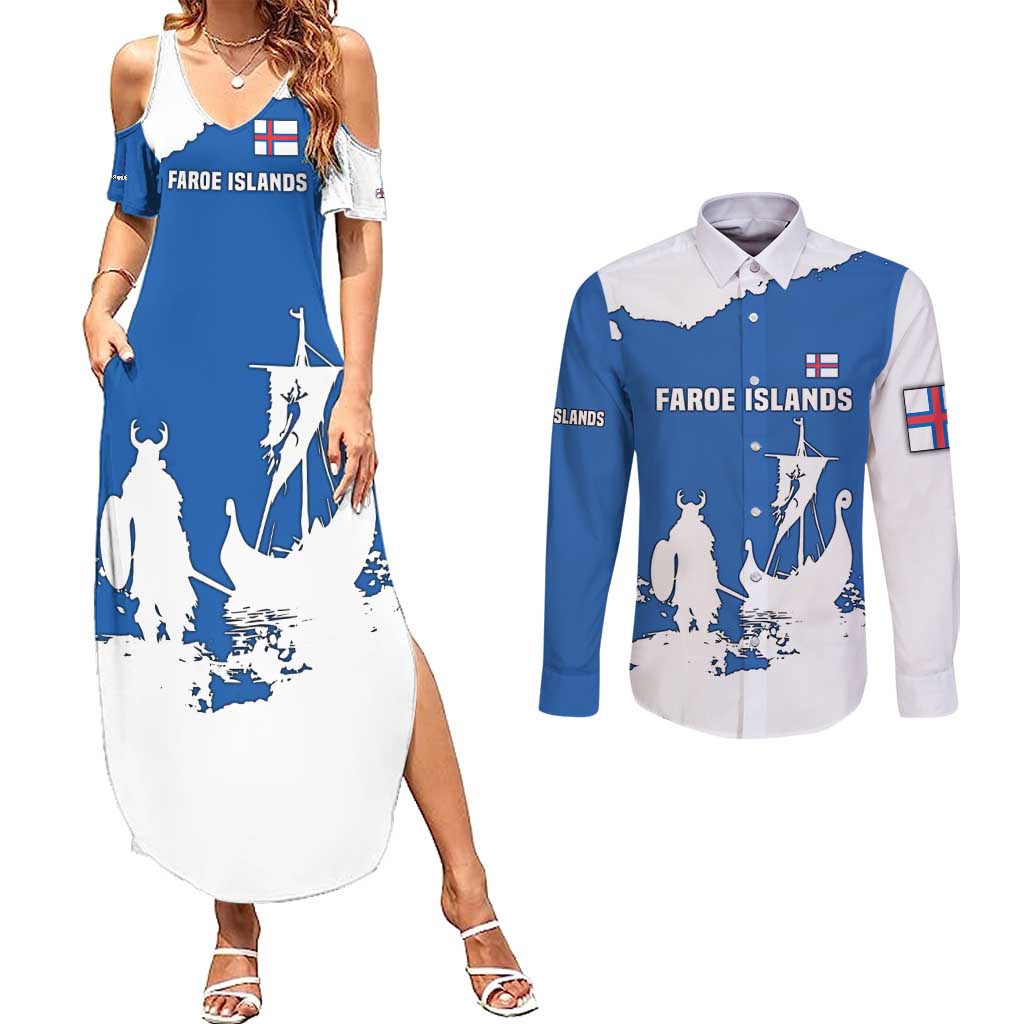 Faroe Islands Couples Matching Summer Maxi Dress and Long Sleeve Button Shirt with Viking Ship and Map Silhouette - Wonder Print Shop