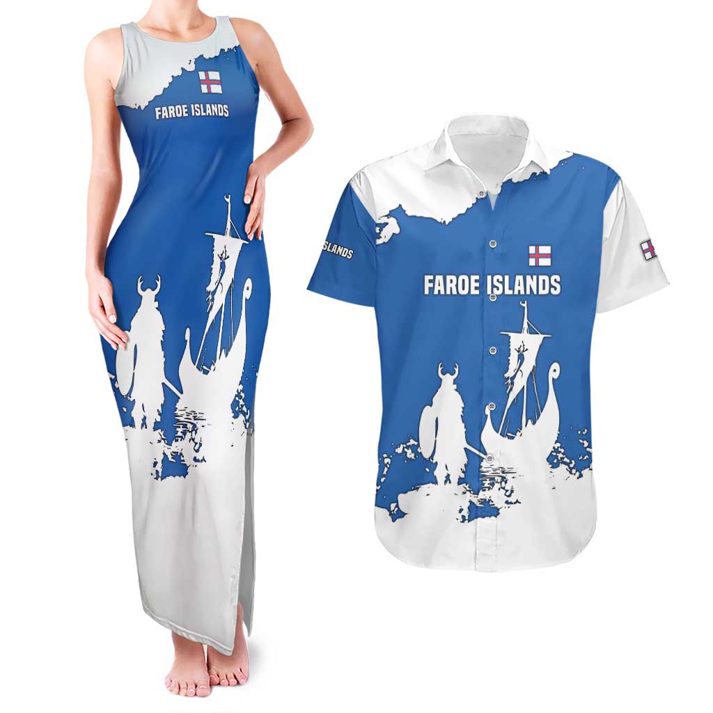 Faroe Islands Couples Matching Tank Maxi Dress and Hawaiian Shirt with Viking Ship and Map Silhouette - Wonder Print Shop