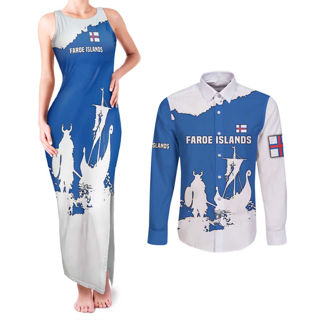 Faroe Islands Couples Matching Tank Maxi Dress and Long Sleeve Button Shirt with Viking Ship and Map Silhouette - Wonder Print Shop