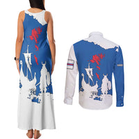Faroe Islands Couples Matching Tank Maxi Dress and Long Sleeve Button Shirt with Viking Ship and Map Silhouette - Wonder Print Shop