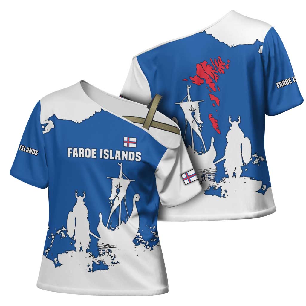 Faroe Islands Cross Shoulder Shirt with Viking Ship and Map Silhouette - Wonder Print Shop
