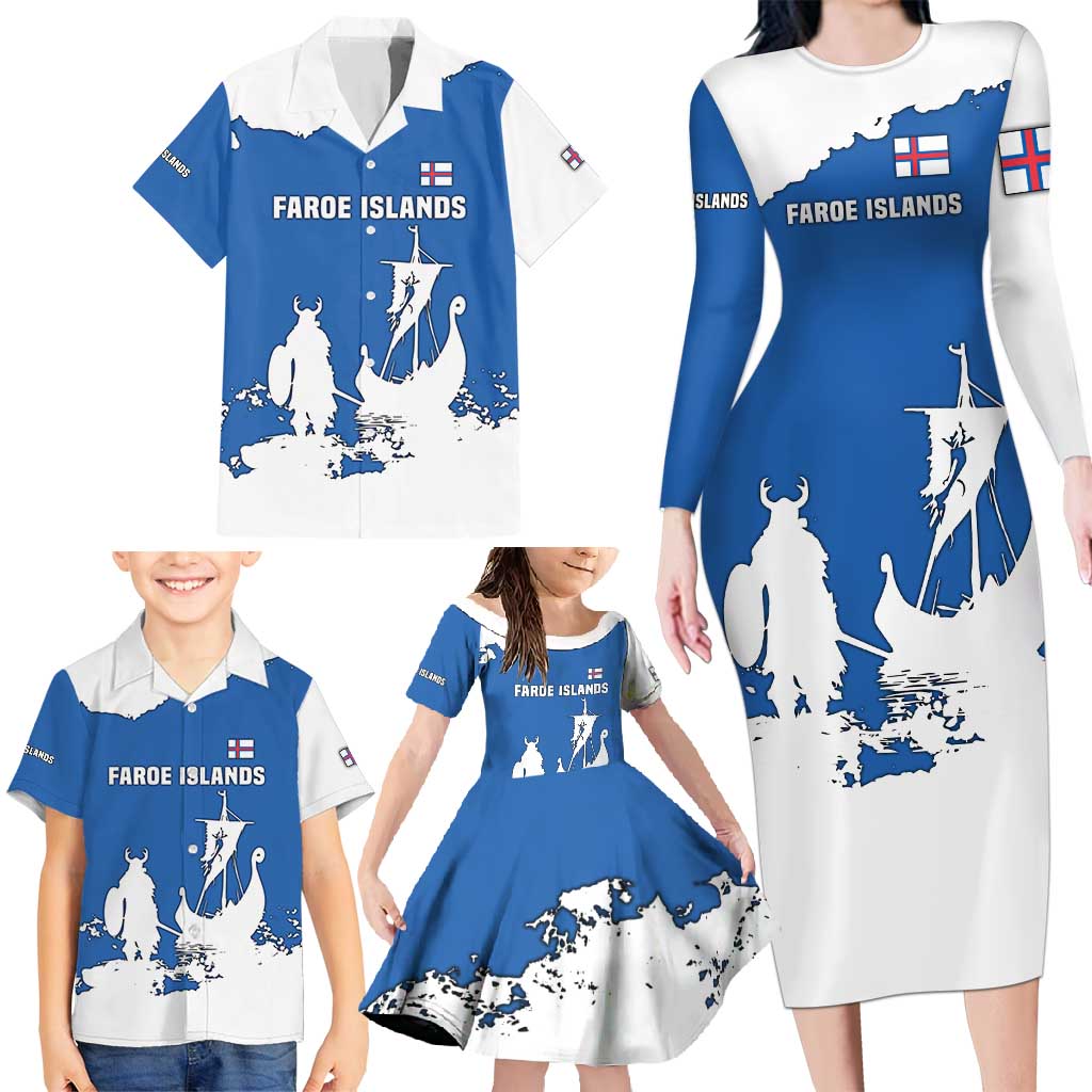 Faroe Islands Family Matching Long Sleeve Bodycon Dress and Hawaiian Shirt with Viking Ship and Map Silhouette - Wonder Print Shop