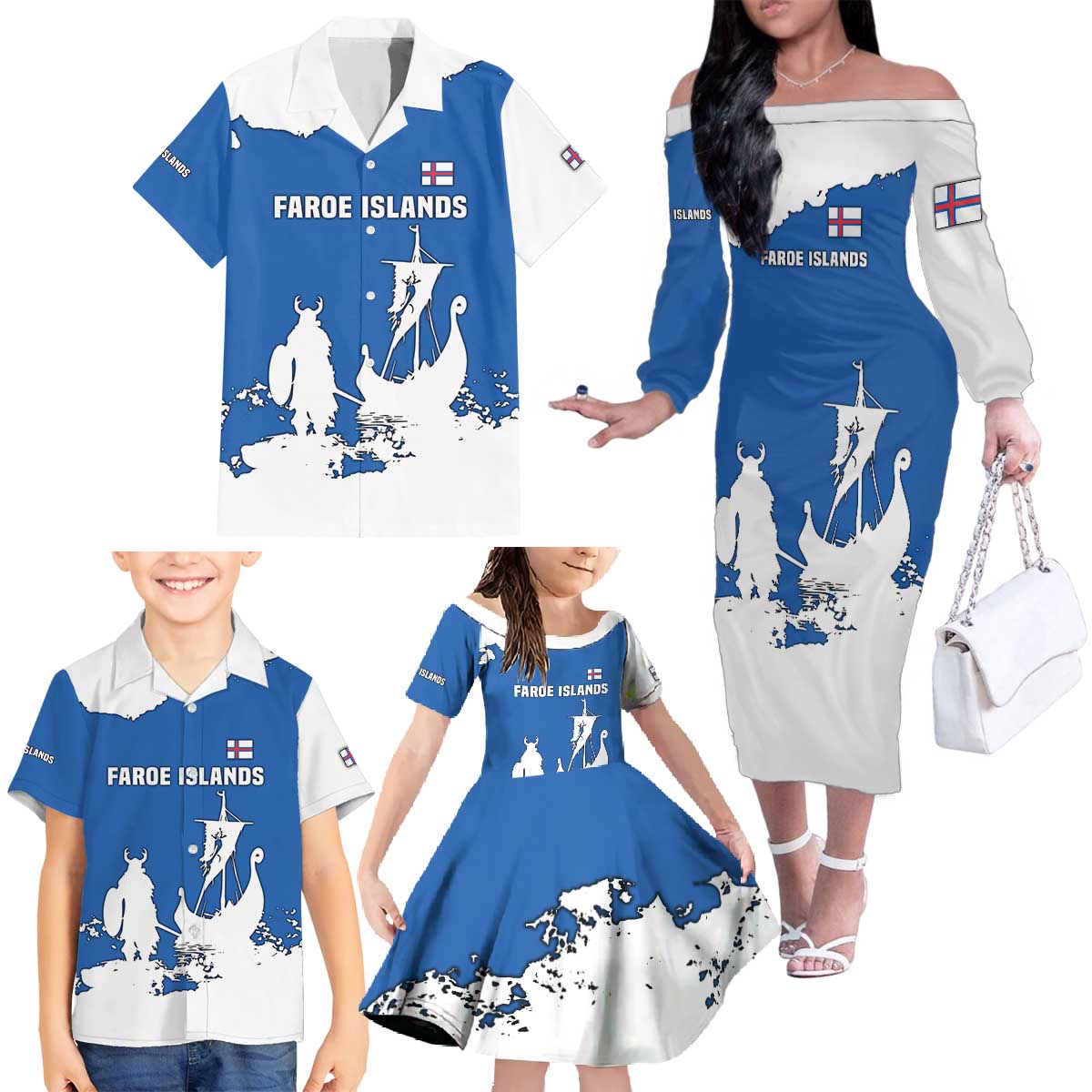 Faroe Islands Family Matching Off The Shoulder Long Sleeve Dress and Hawaiian Shirt with Viking Ship and Map Silhouette - Wonder Print Shop