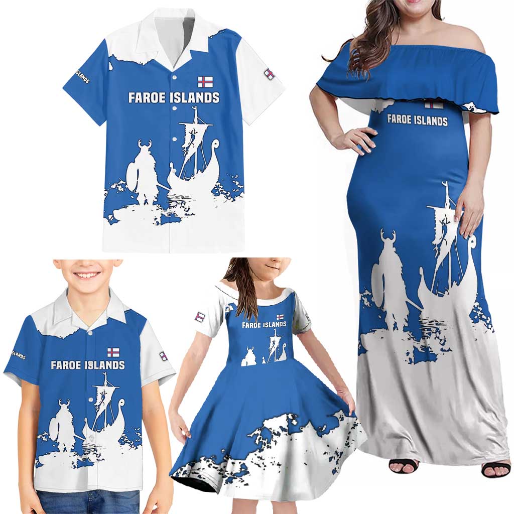 Faroe Islands Family Matching Off Shoulder Maxi Dress and Hawaiian Shirt with Viking Ship and Map Silhouette - Wonder Print Shop