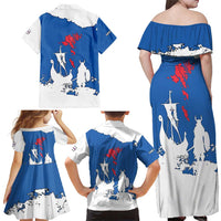 Faroe Islands Family Matching Off Shoulder Maxi Dress and Hawaiian Shirt with Viking Ship and Map Silhouette - Wonder Print Shop
