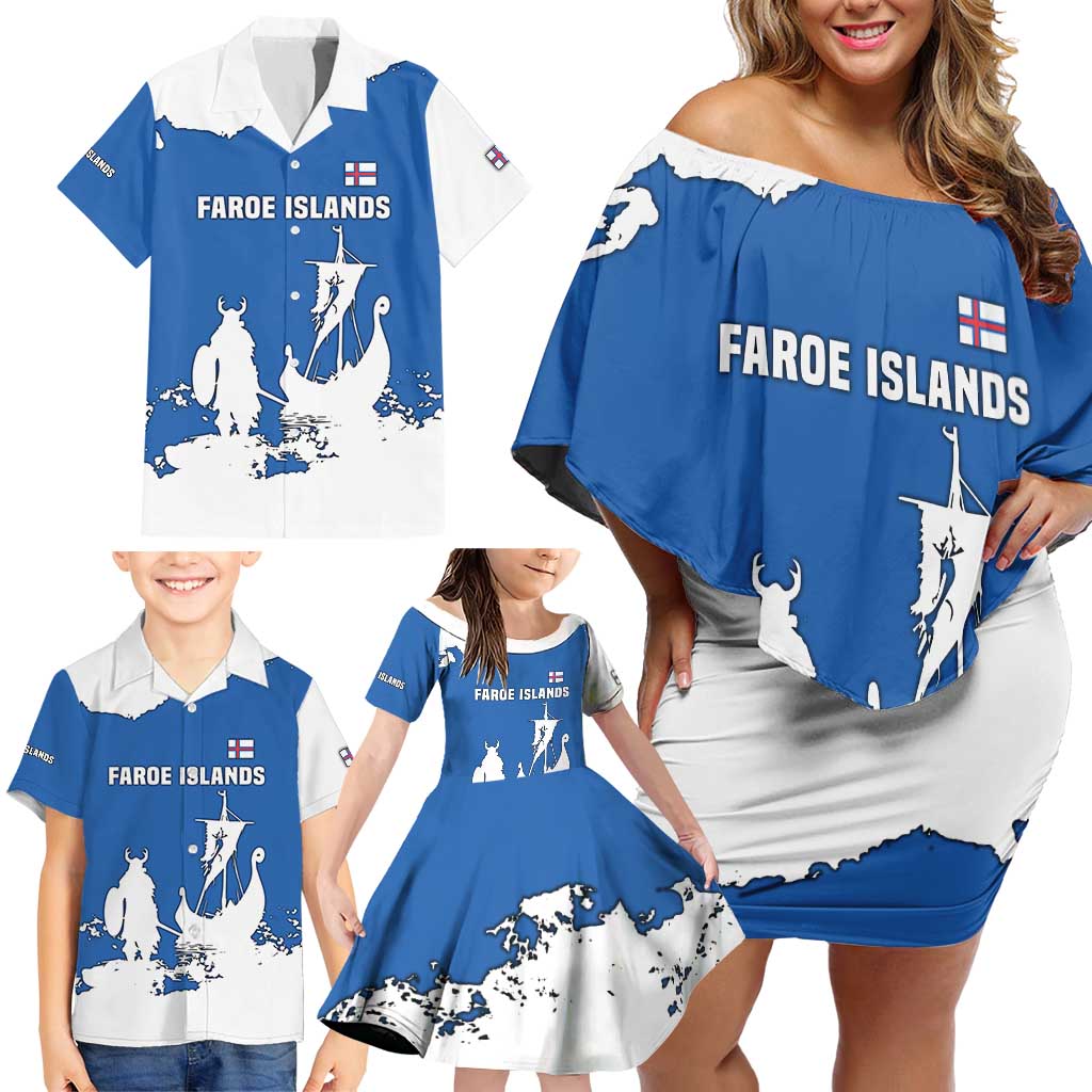 Faroe Islands Family Matching Off Shoulder Short Dress and Hawaiian Shirt with Viking Ship and Map Silhouette - Wonder Print Shop