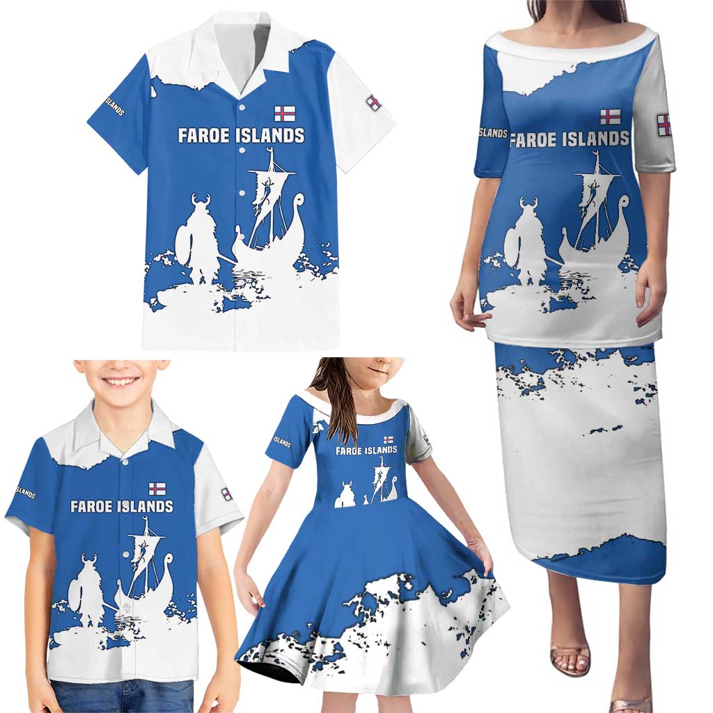 Faroe Islands Family Matching Puletasi and Hawaiian Shirt with Viking Ship and Map Silhouette - Wonder Print Shop