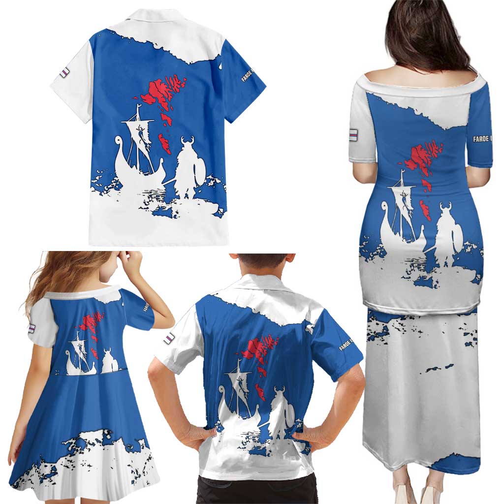 Faroe Islands Family Matching Puletasi and Hawaiian Shirt with Viking Ship and Map Silhouette - Wonder Print Shop