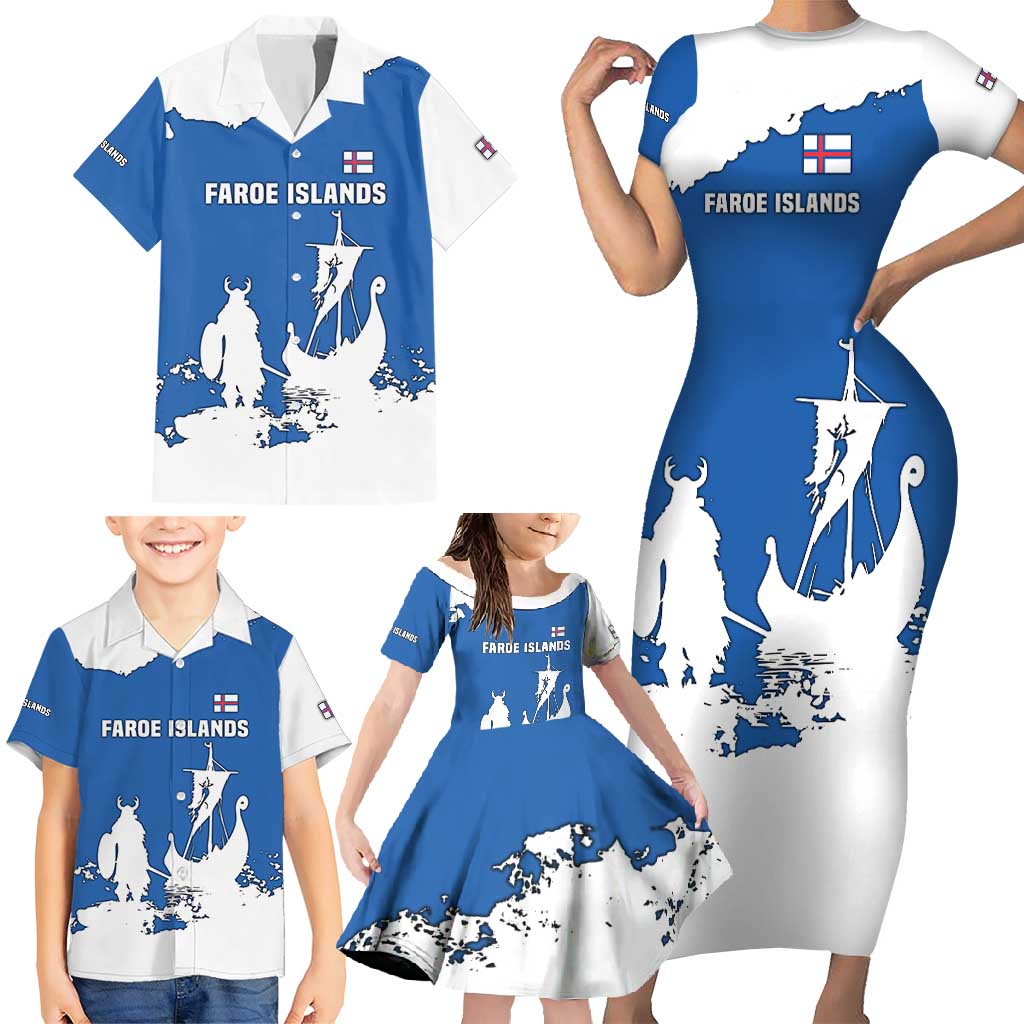 Faroe Islands Family Matching Short Sleeve Bodycon Dress and Hawaiian Shirt with Viking Ship and Map Silhouette - Wonder Print Shop