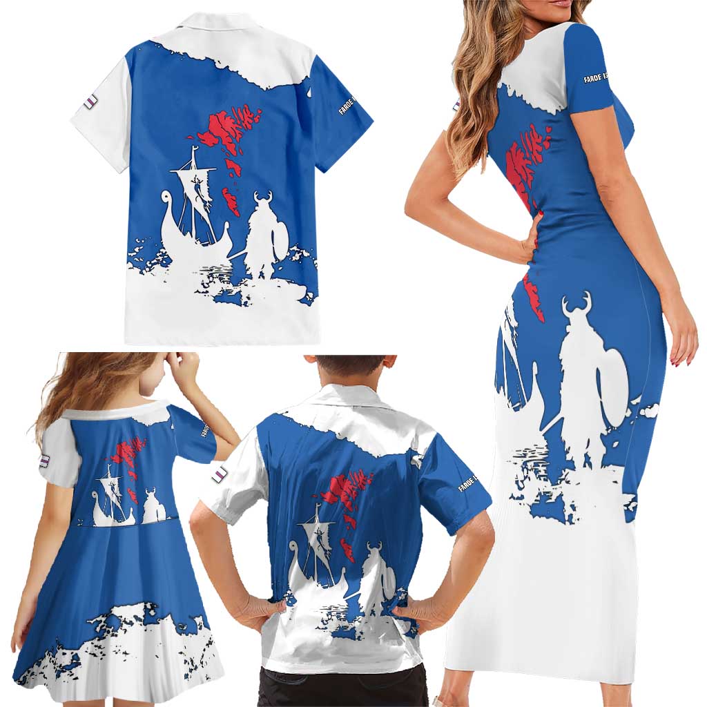 Faroe Islands Family Matching Short Sleeve Bodycon Dress and Hawaiian Shirt with Viking Ship and Map Silhouette - Wonder Print Shop