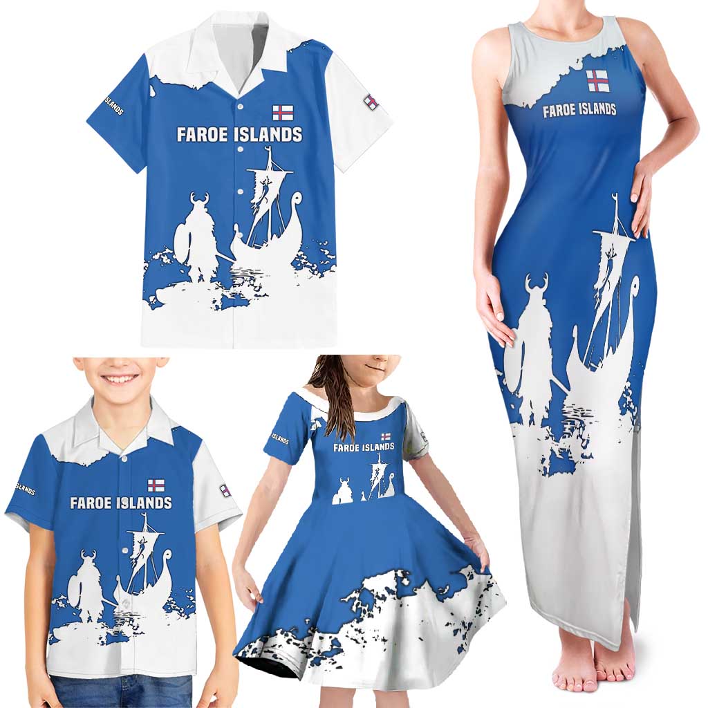Faroe Islands Family Matching Tank Maxi Dress and Hawaiian Shirt with Viking Ship and Map Silhouette - Wonder Print Shop