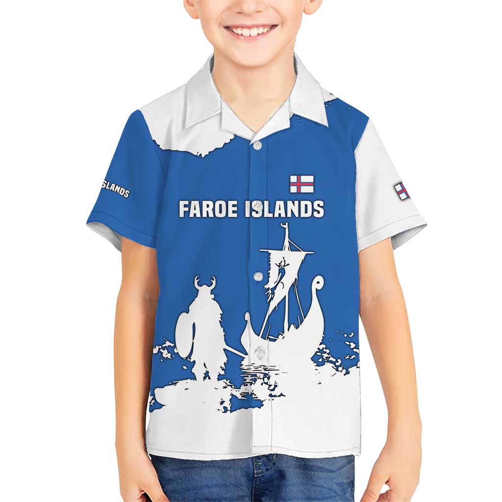 Faroe Islands Kid Hawaiian Shirt with Viking Ship and Map Silhouette - Wonder Print Shop