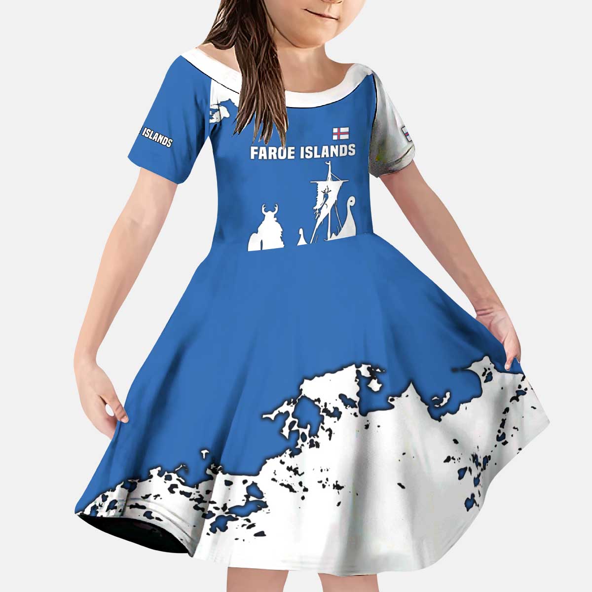 Faroe Islands Kid Short Sleeve Dress with Viking Ship and Map Silhouette - Wonder Print Shop