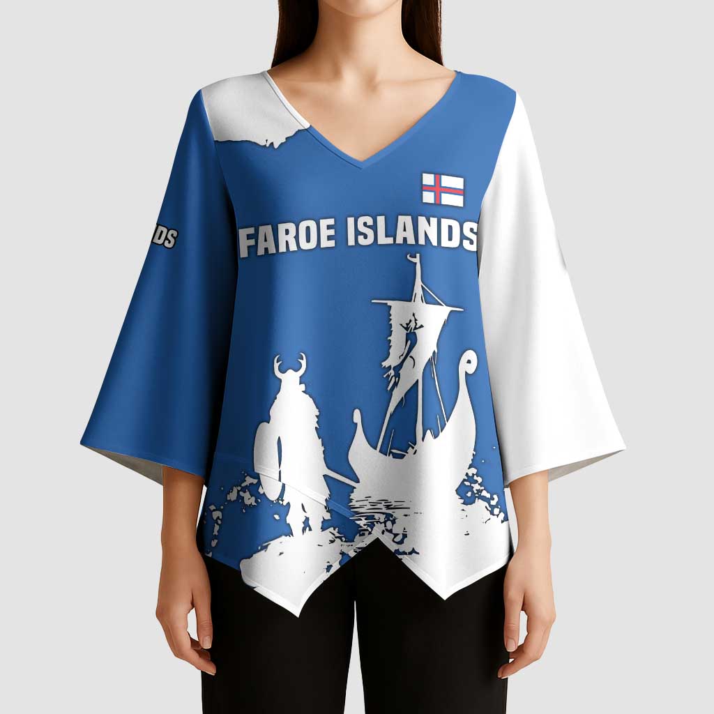 Faroe Islands Kimono Sleeve Blouse with Viking Ship and Map Silhouette - Wonder Print Shop