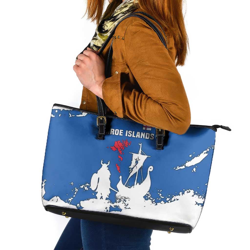 Faroe Islands Leather Tote Bag with Viking Ship and Map Silhouette - Wonder Print Shop