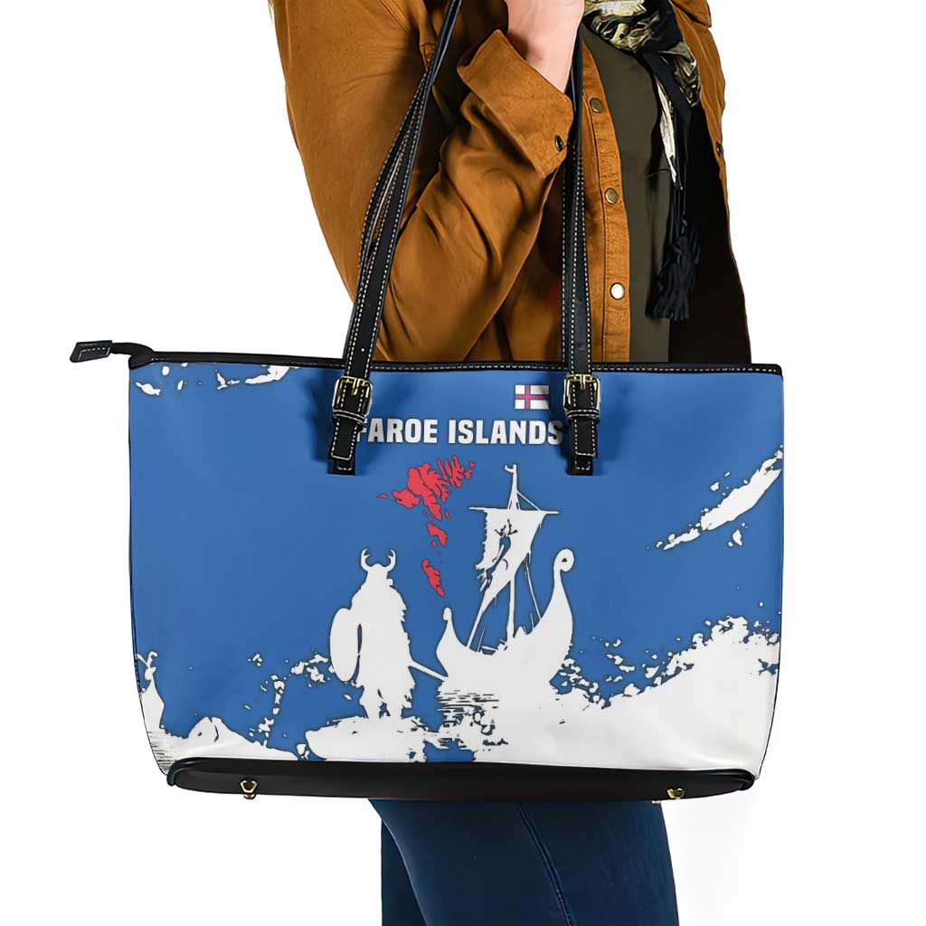 Faroe Islands Leather Tote Bag with Viking Ship and Map Silhouette - Wonder Print Shop