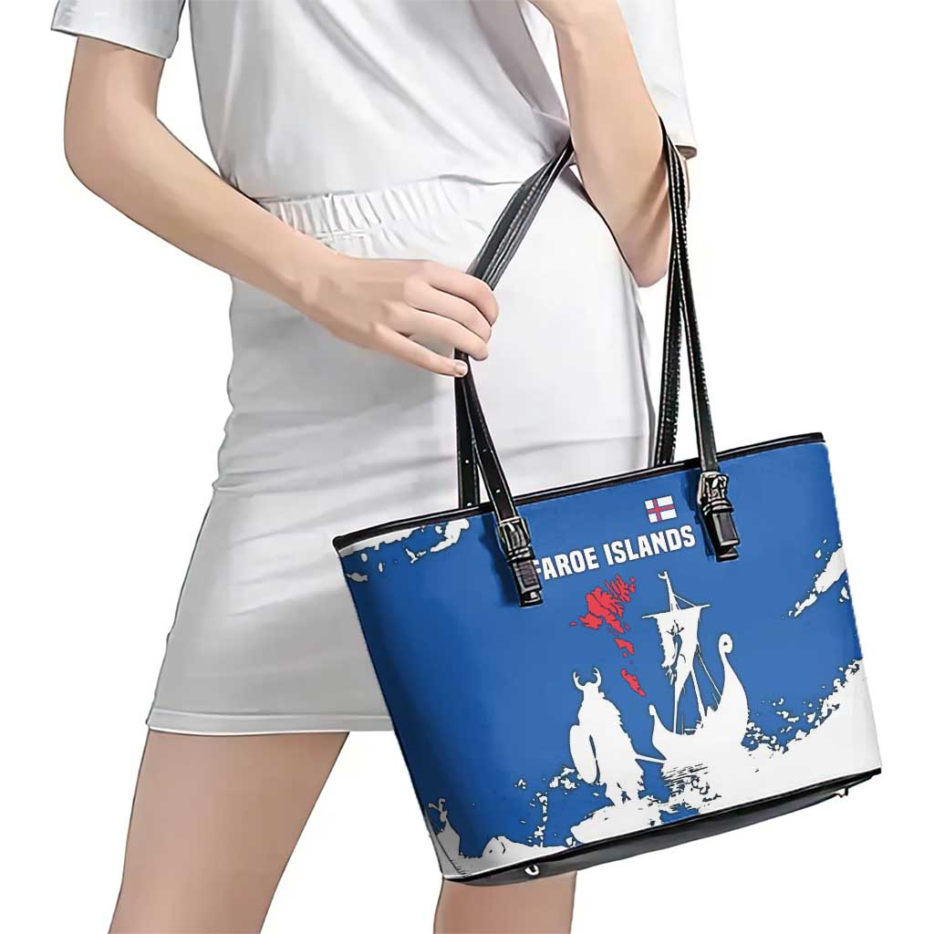 Faroe Islands Leather Tote Bag with Viking Ship and Map Silhouette - Wonder Print Shop