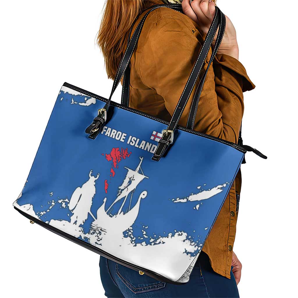 Faroe Islands Leather Tote Bag with Viking Ship and Map Silhouette - Wonder Print Shop
