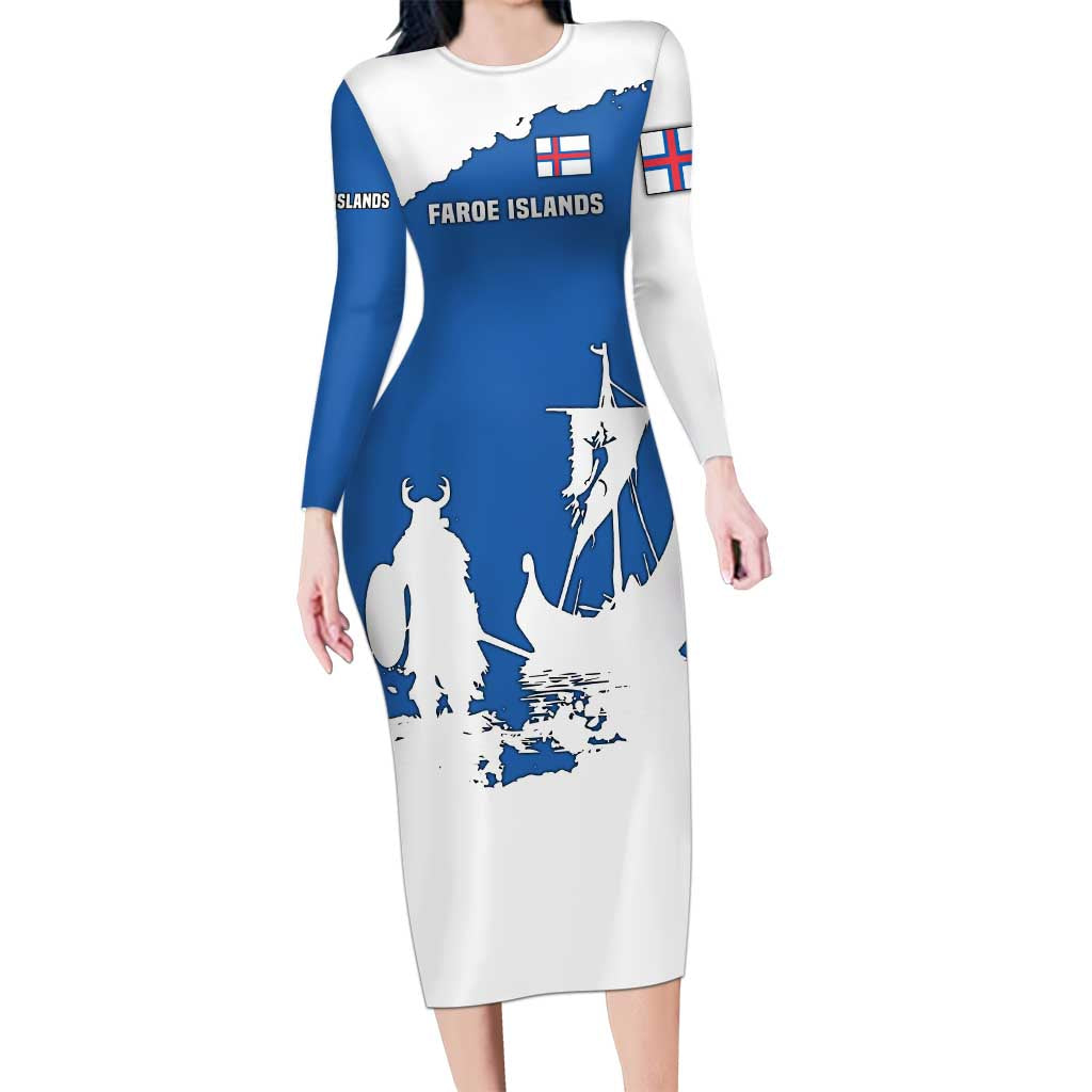 Faroe Islands Long Sleeve Bodycon Dress with Viking Ship and Map Silhouette - Wonder Print Shop