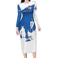 Faroe Islands Long Sleeve Bodycon Dress with Viking Ship and Map Silhouette - Wonder Print Shop