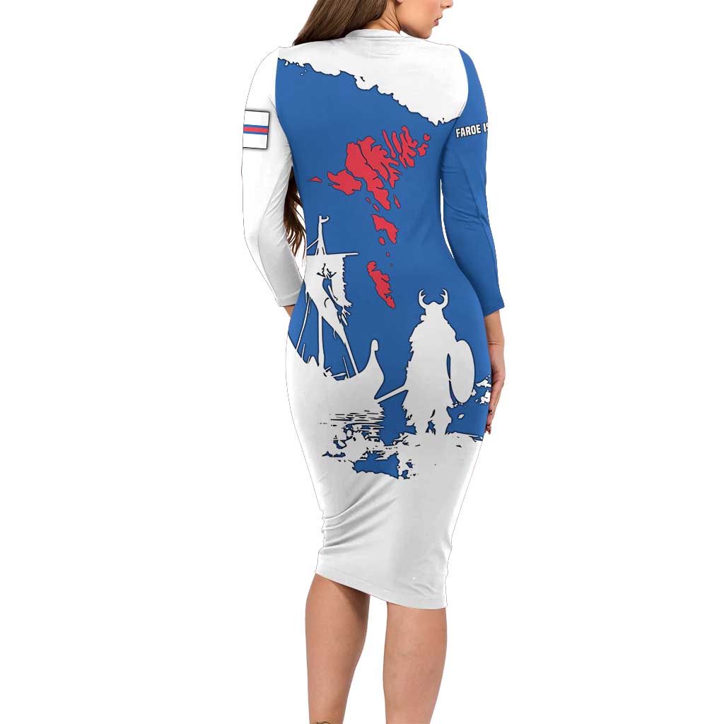 Faroe Islands Long Sleeve Bodycon Dress with Viking Ship and Map Silhouette - Wonder Print Shop