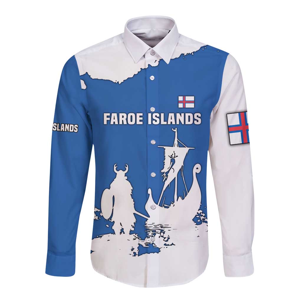Faroe Islands Long Sleeve Button Shirt with Viking Ship and Map Silhouette - Wonder Print Shop