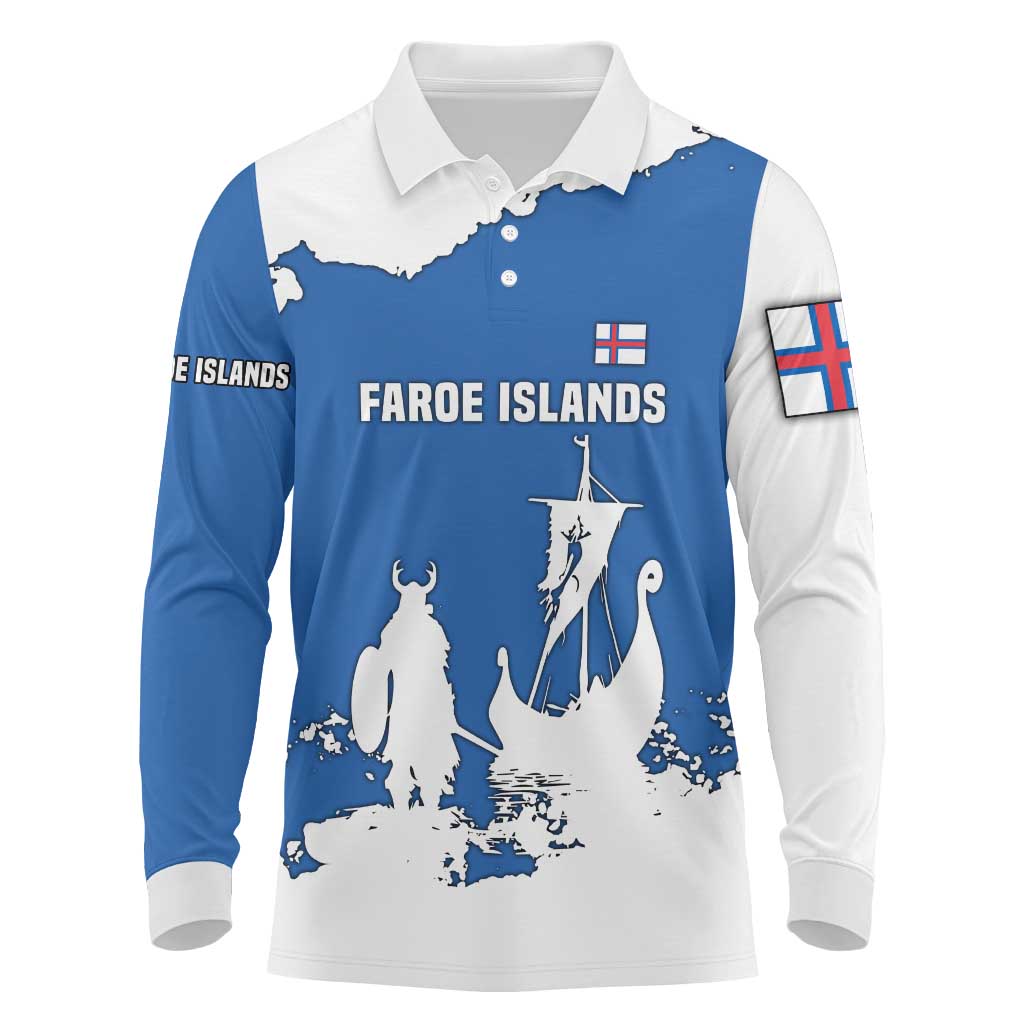 Faroe Islands Long Sleeve Polo Shirt with Viking Ship and Map Silhouette - Wonder Print Shop
