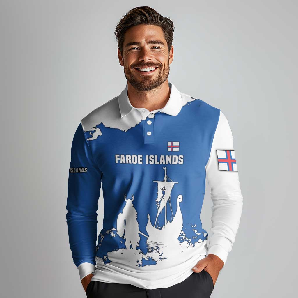 Faroe Islands Long Sleeve Polo Shirt with Viking Ship and Map Silhouette - Wonder Print Shop