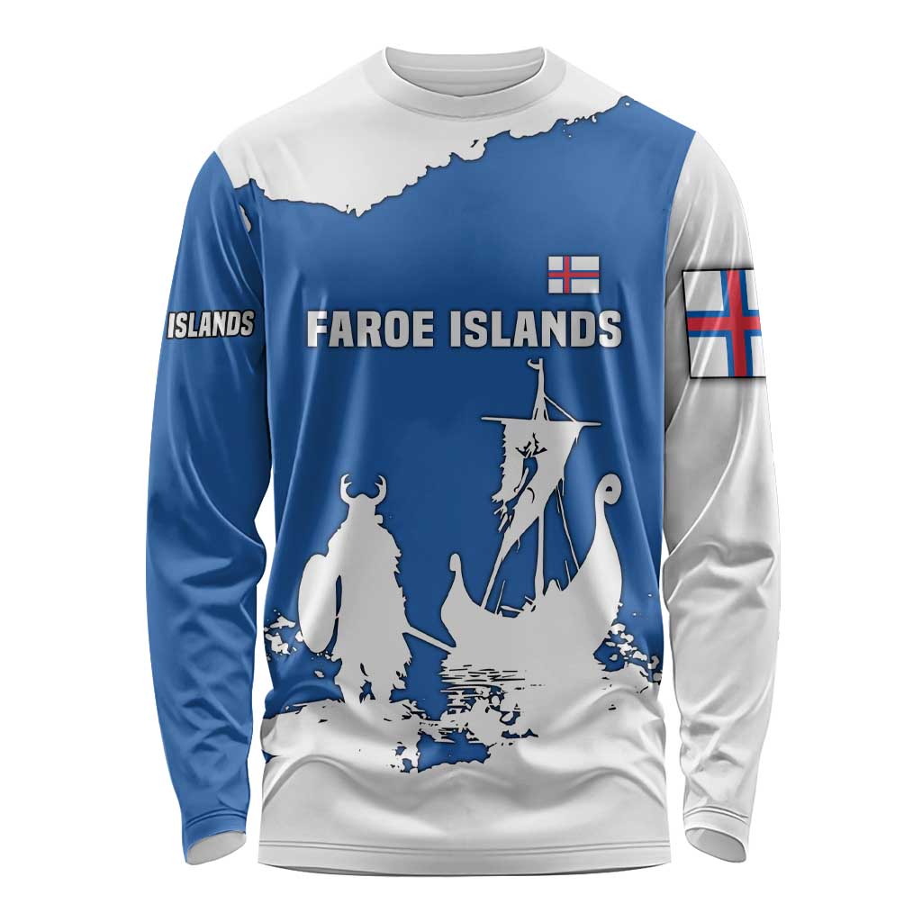 Faroe Islands Long Sleeve Shirt with Viking Ship and Map Silhouette - Wonder Print Shop