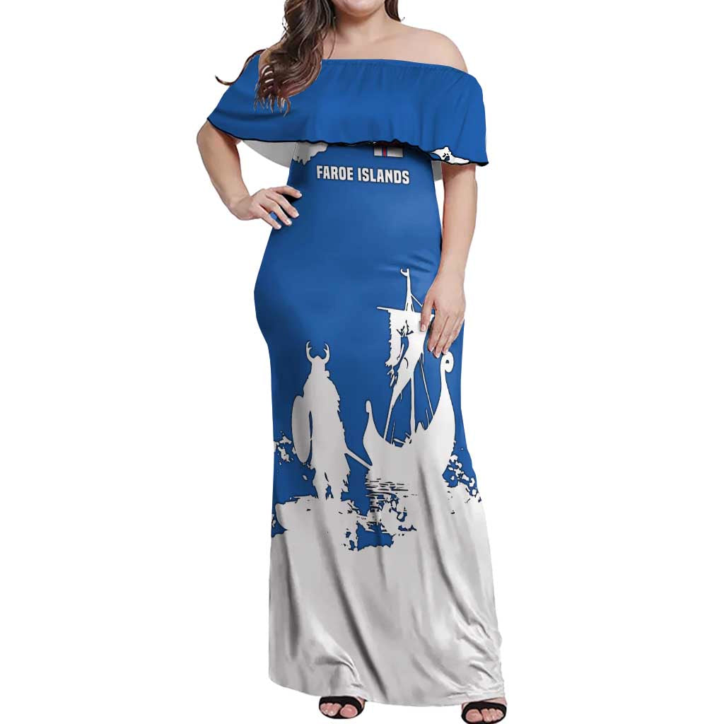 Faroe Islands Off Shoulder Maxi Dress with Viking Ship and Map Silhouette - Wonder Print Shop