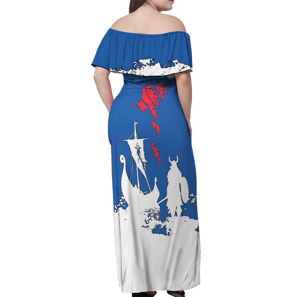 Faroe Islands Off Shoulder Maxi Dress with Viking Ship and Map Silhouette - Wonder Print Shop