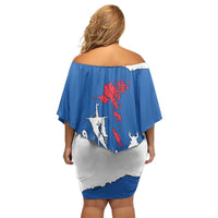 Faroe Islands Off Shoulder Short Dress with Viking Ship and Map Silhouette - Wonder Print Shop