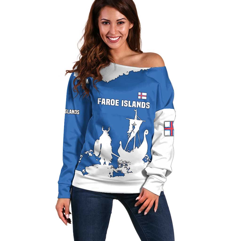 Faroe Islands Off Shoulder Sweater with Viking Ship and Map Silhouette - Wonder Print Shop