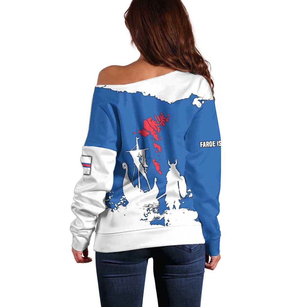 Faroe Islands Off Shoulder Sweater with Viking Ship and Map Silhouette - Wonder Print Shop