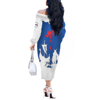 Faroe Islands Off The Shoulder Long Sleeve Dress with Viking Ship and Map Silhouette - Wonder Print Shop