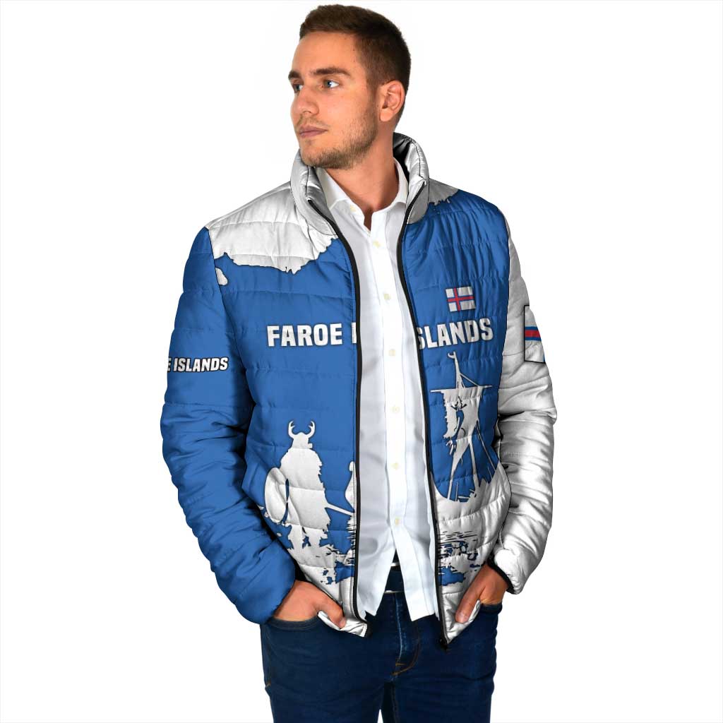 Faroe Islands Padded Jacket with Viking Ship and Map Silhouette - Wonder Print Shop