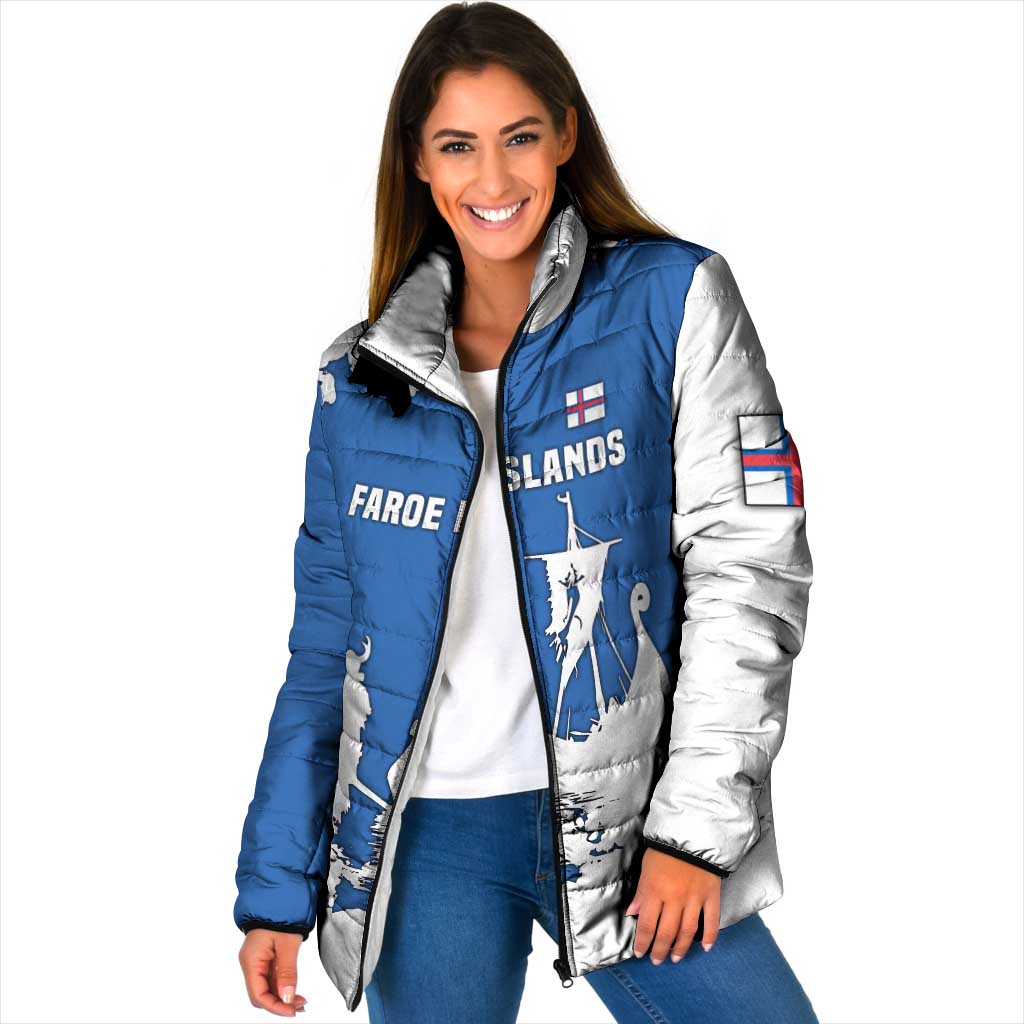 Faroe Islands Padded Jacket with Viking Ship and Map Silhouette - Wonder Print Shop