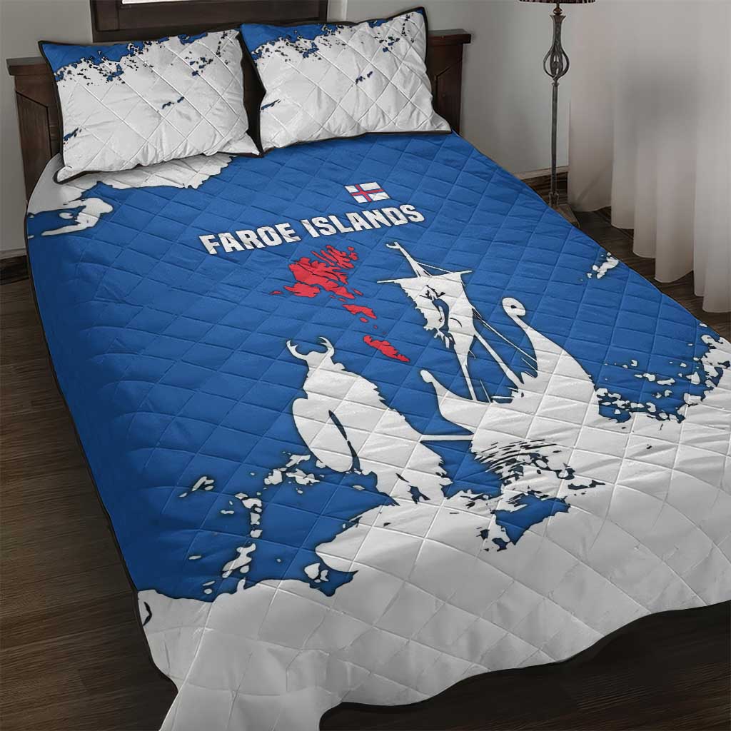 Faroe Islands Quilt Bed Set with Viking Ship and Map Silhouette - Wonder Print Shop