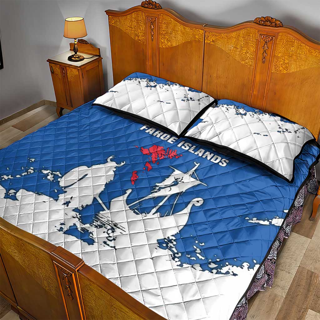 Faroe Islands Quilt Bed Set with Viking Ship and Map Silhouette - Wonder Print Shop