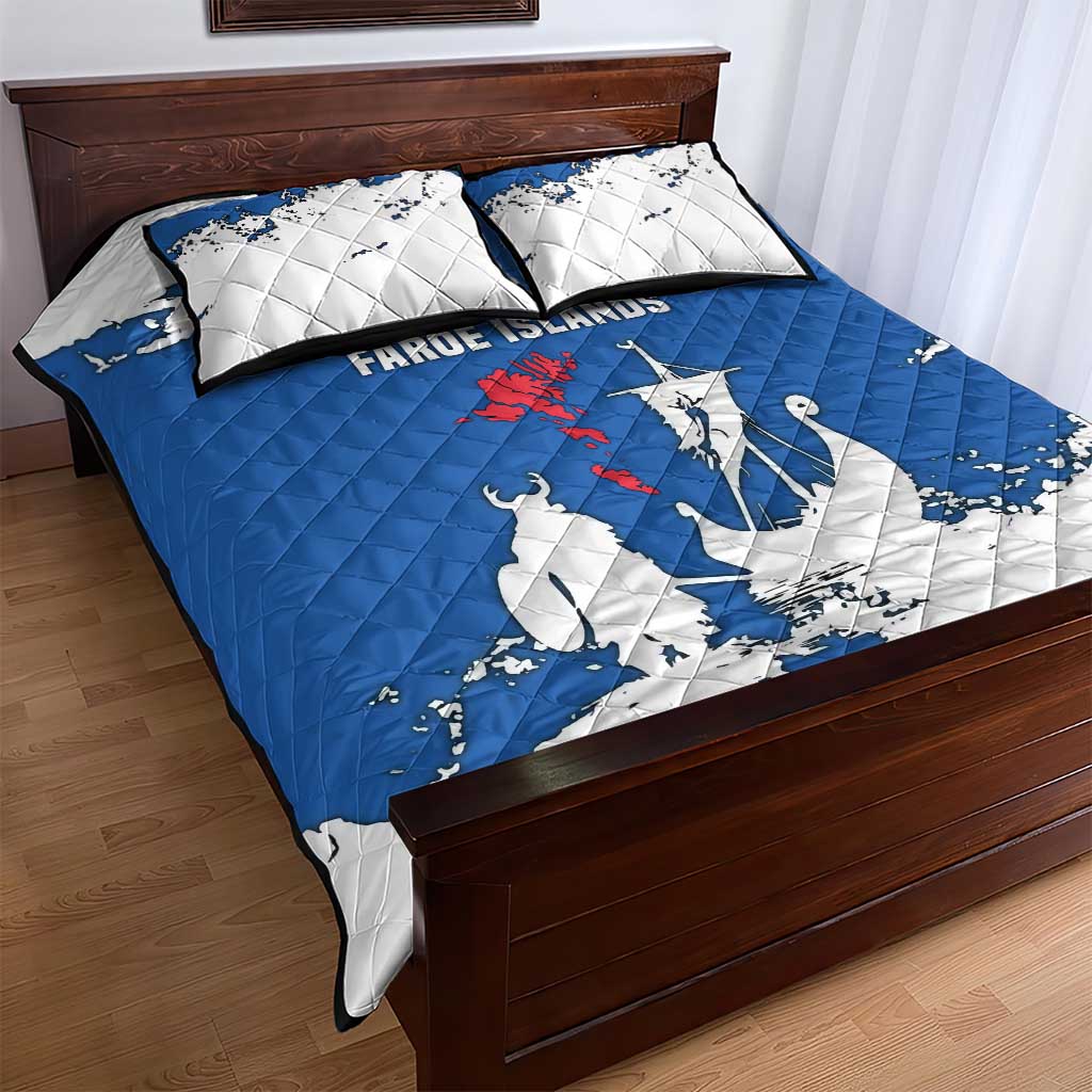 Faroe Islands Quilt Bed Set with Viking Ship and Map Silhouette - Wonder Print Shop