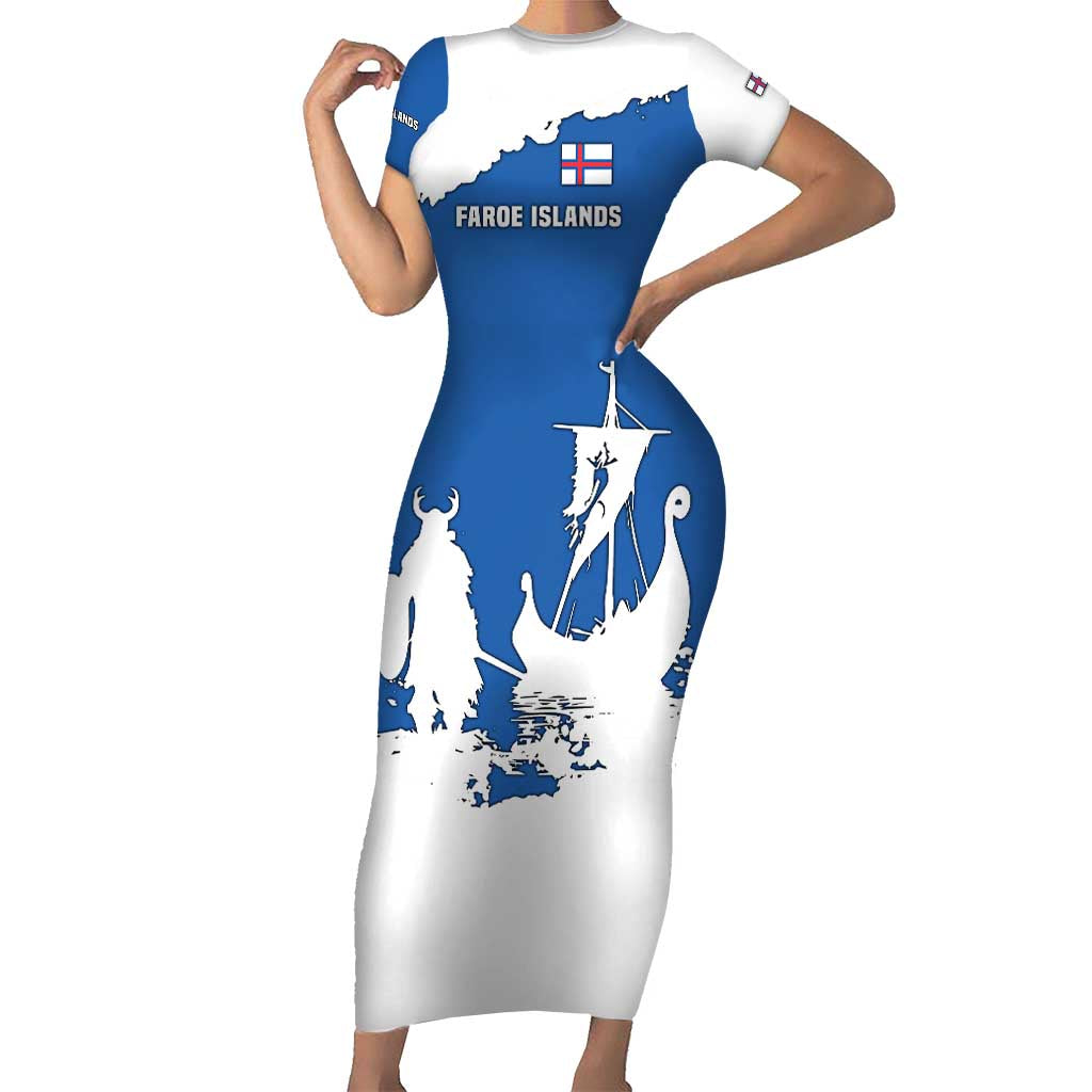 Faroe Islands Short Sleeve Bodycon Dress with Viking Ship and Map Silhouette - Wonder Print Shop