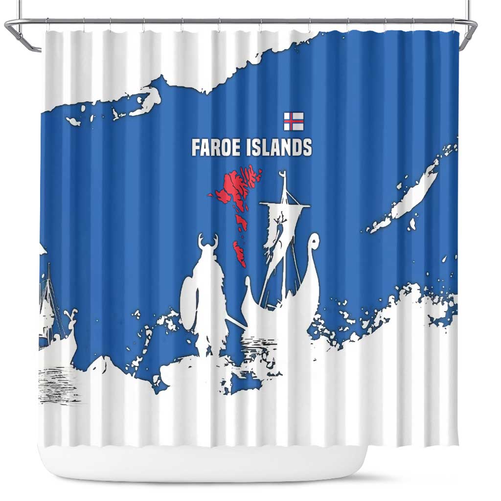 Faroe Islands Shower Curtain with Viking Ship and Map Silhouette - Wonder Print Shop