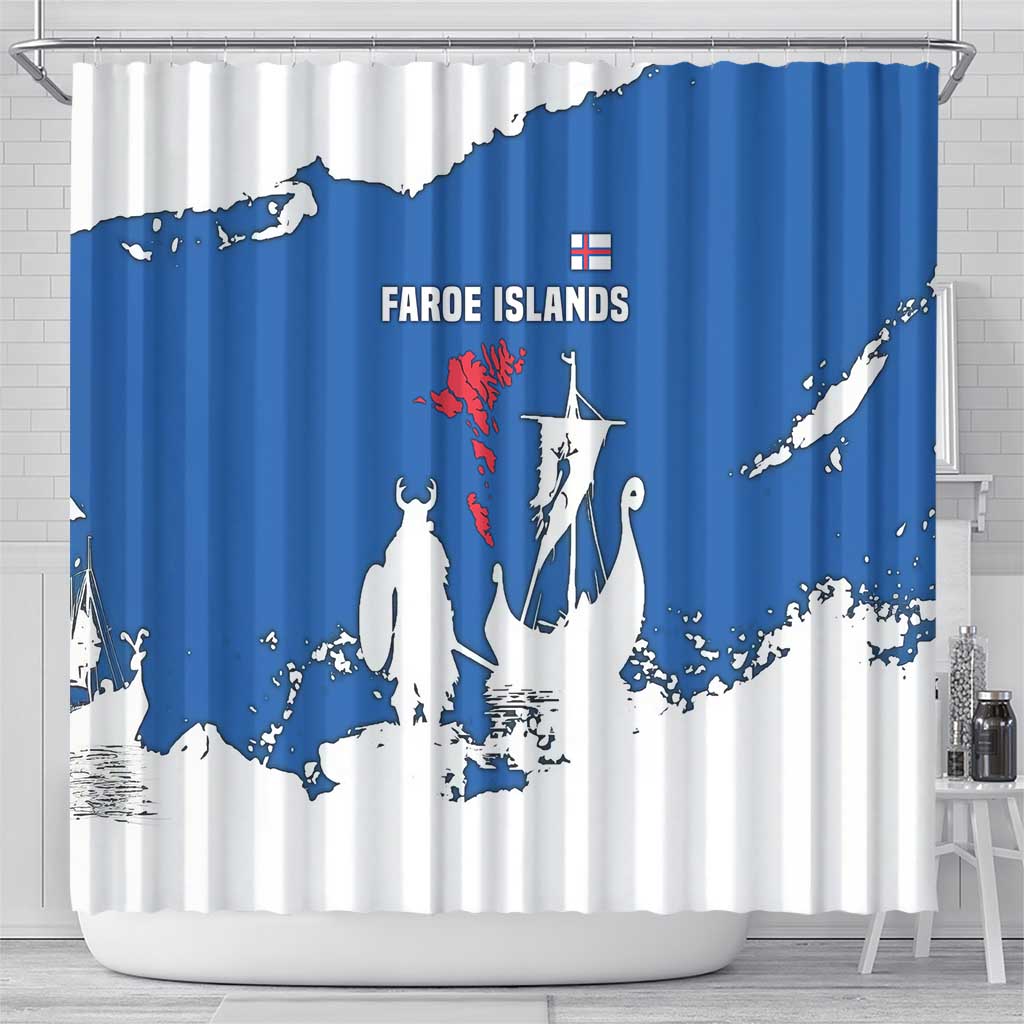Faroe Islands Shower Curtain with Viking Ship and Map Silhouette - Wonder Print Shop