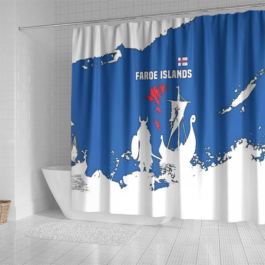 Faroe Islands Shower Curtain with Viking Ship and Map Silhouette - Wonder Print Shop