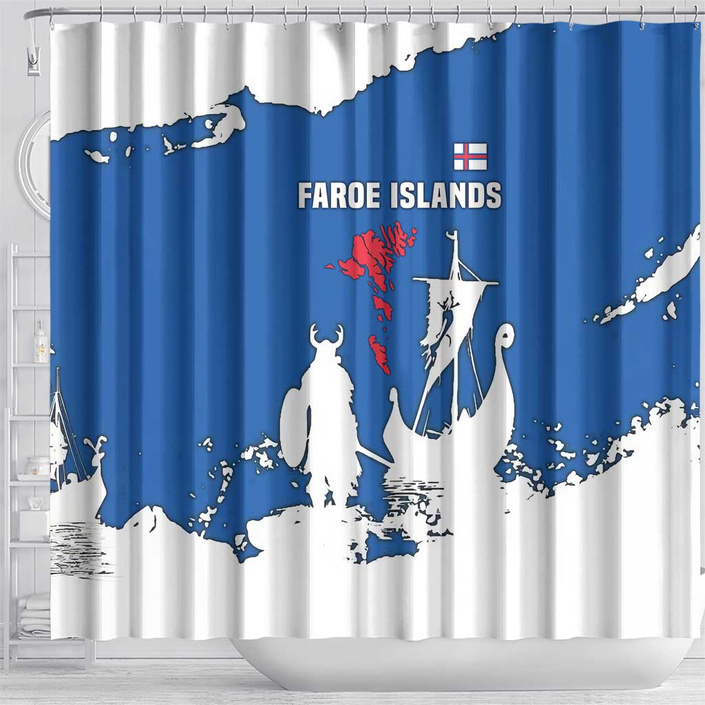 Faroe Islands Shower Curtain with Viking Ship and Map Silhouette - Wonder Print Shop