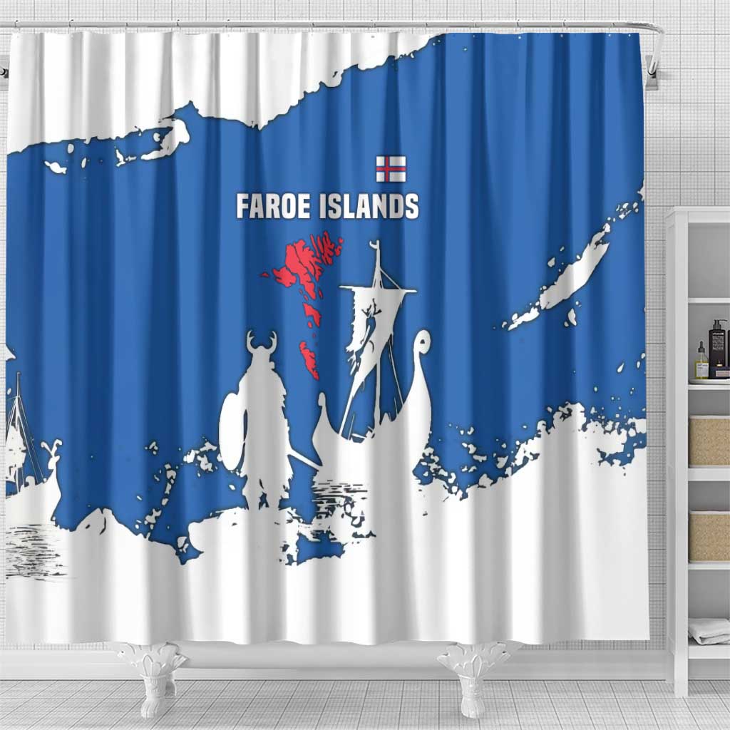 Faroe Islands Shower Curtain with Viking Ship and Map Silhouette - Wonder Print Shop