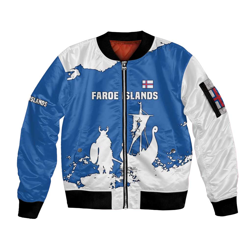 Faroe Islands Sleeve Zip Bomber Jacket with Viking Ship and Map Silhouette - Wonder Print Shop