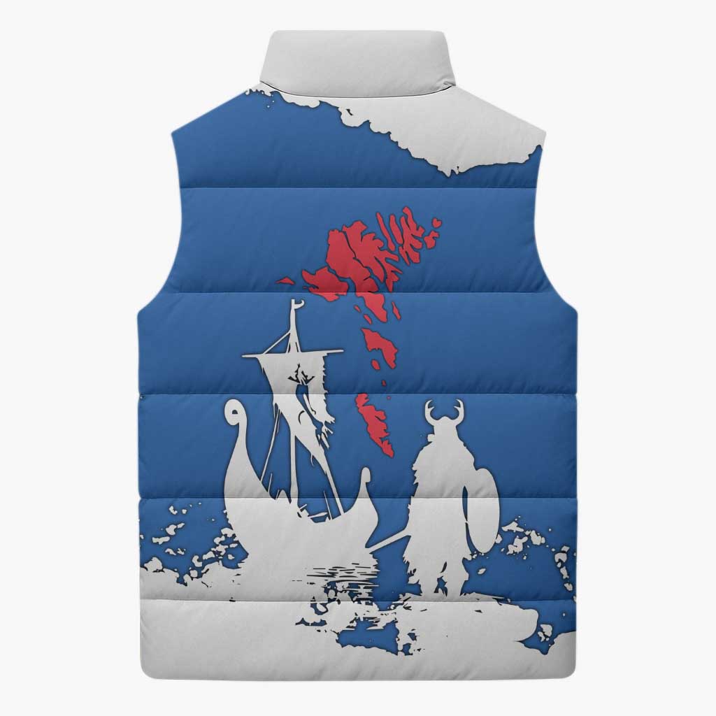 Faroe Islands Sleeveless Puffer Jacket with Viking Ship and Map Silhouette - Wonder Print Shop